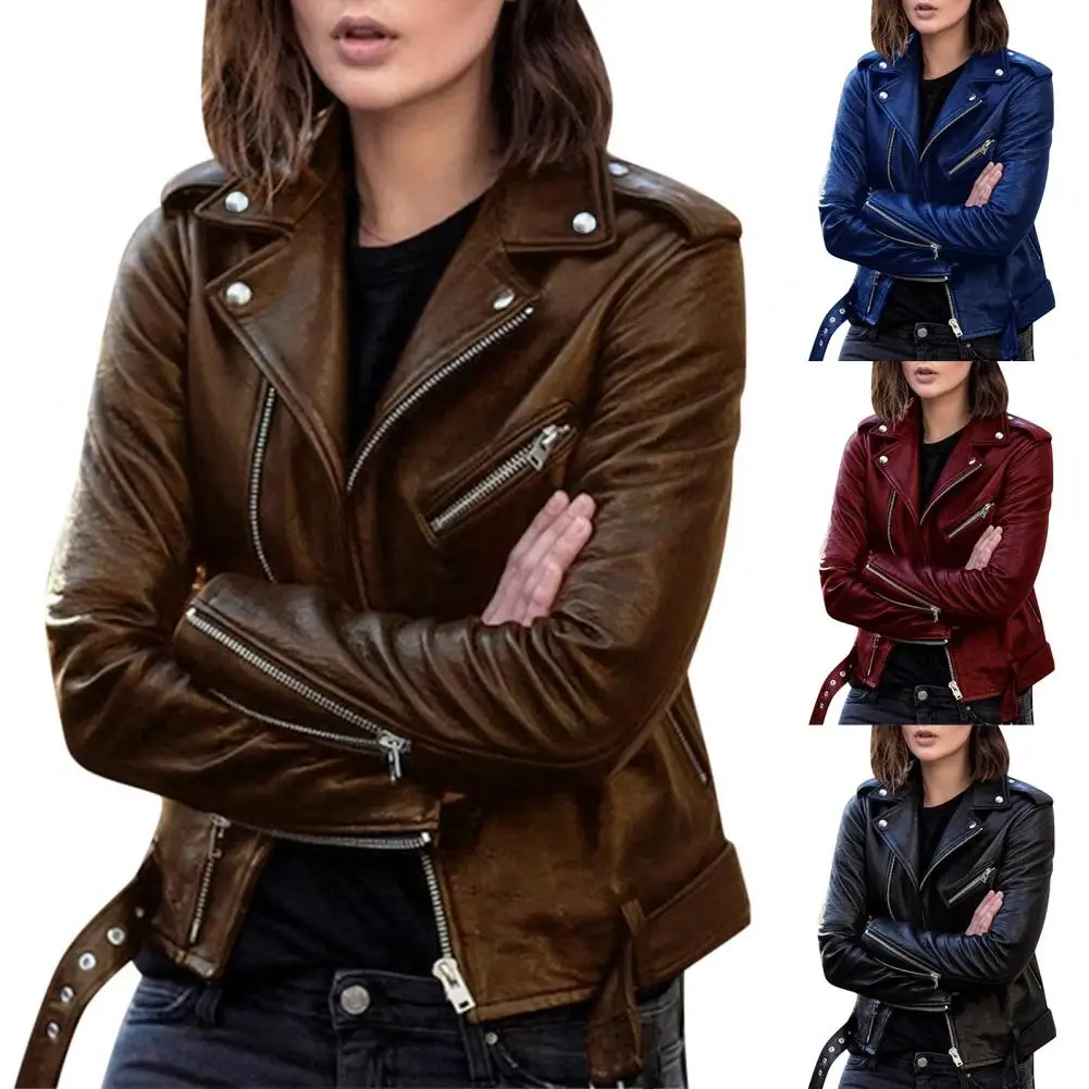 Autumn Short Jacket Solid Female Moto Biker Jackets Thin Ladies Cool Faux Leather Jacket Slim Short Leather Outwear