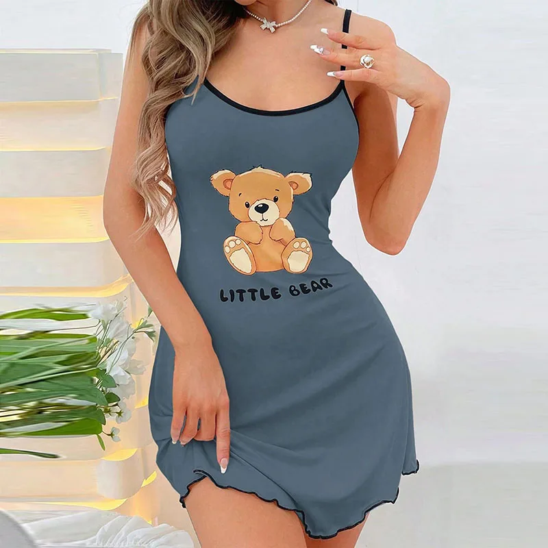 

Womens Cute Little Bear Print Cami Nightgown Spaghetti Strap Sleep Dress Mini Lettuce Hem Contrast Trim Loungewear Y2K Style