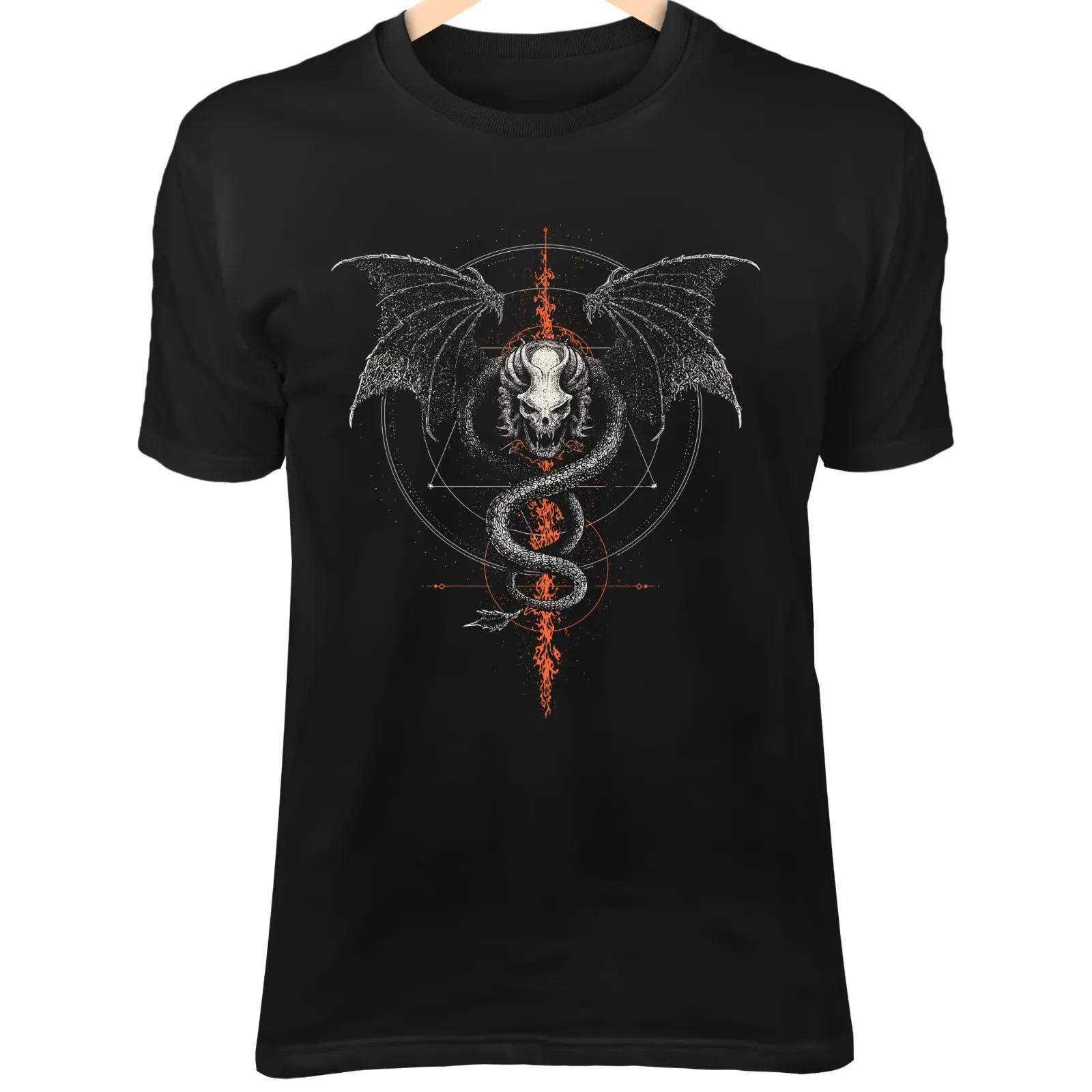 Skull Dragon IIII T-Shirt – Coiled Pentagram, Fiery Wings, Dark Power Tail