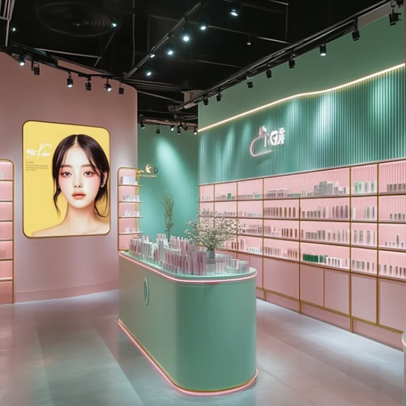 custom.Custom Wooden Store Cosmetic Retail Shelves Glass Showcase Cosmetics Store Cosmetic Display Stand