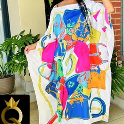 Middle East Elegant Printed Twill Silk Summer Kaftan Maxi Dress Oversized African Blogger Designer Loose Abaya Muslim Long Dress