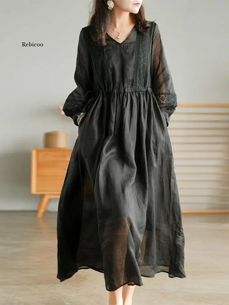 

Summer Cotton Hemp Long Dress Women Three Quarter Sleeve Loose Korean Lace Up V-neck Solid Lace Stitched Casual Maxi Dress