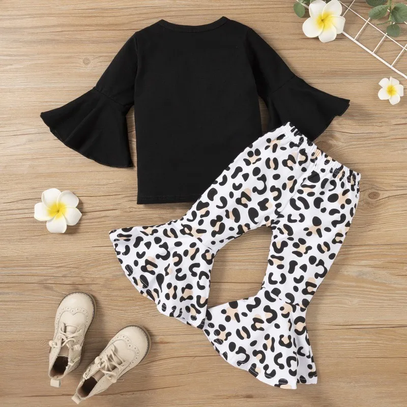 Children\'s Clothing sets Girls Black Flared Sleeve Top + Leopard Print Trousers Autumn Outfit 1-5 Years Kids Clothing