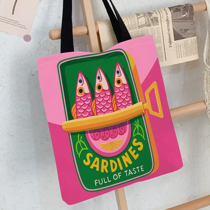 1pc Vintage Pink Sardine Big Eye Pattern Tote Bag Cute Abstract Fish Print Lightweight Commuting Shopping Travel Casual Handbag