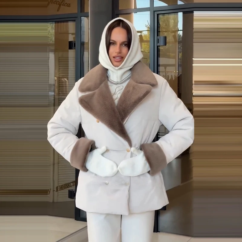 Casual Thicken Fur Patchwork Coats Women Full Sleeve Lapel Double Breasted Closed Waist Jackets Female 2026 Winter Lady Outwears
