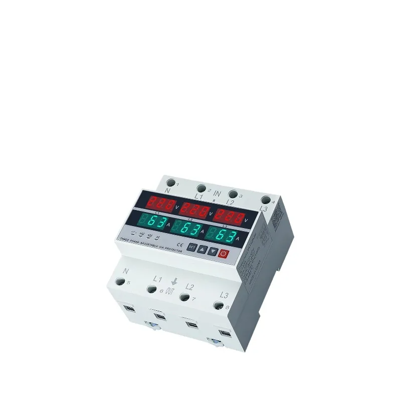 3 Phase DIN Rail Protection Relay, 63A/100A Adjustable Over/Under Voltage & Overcurrent Protector with Voltmeter Ammeter
