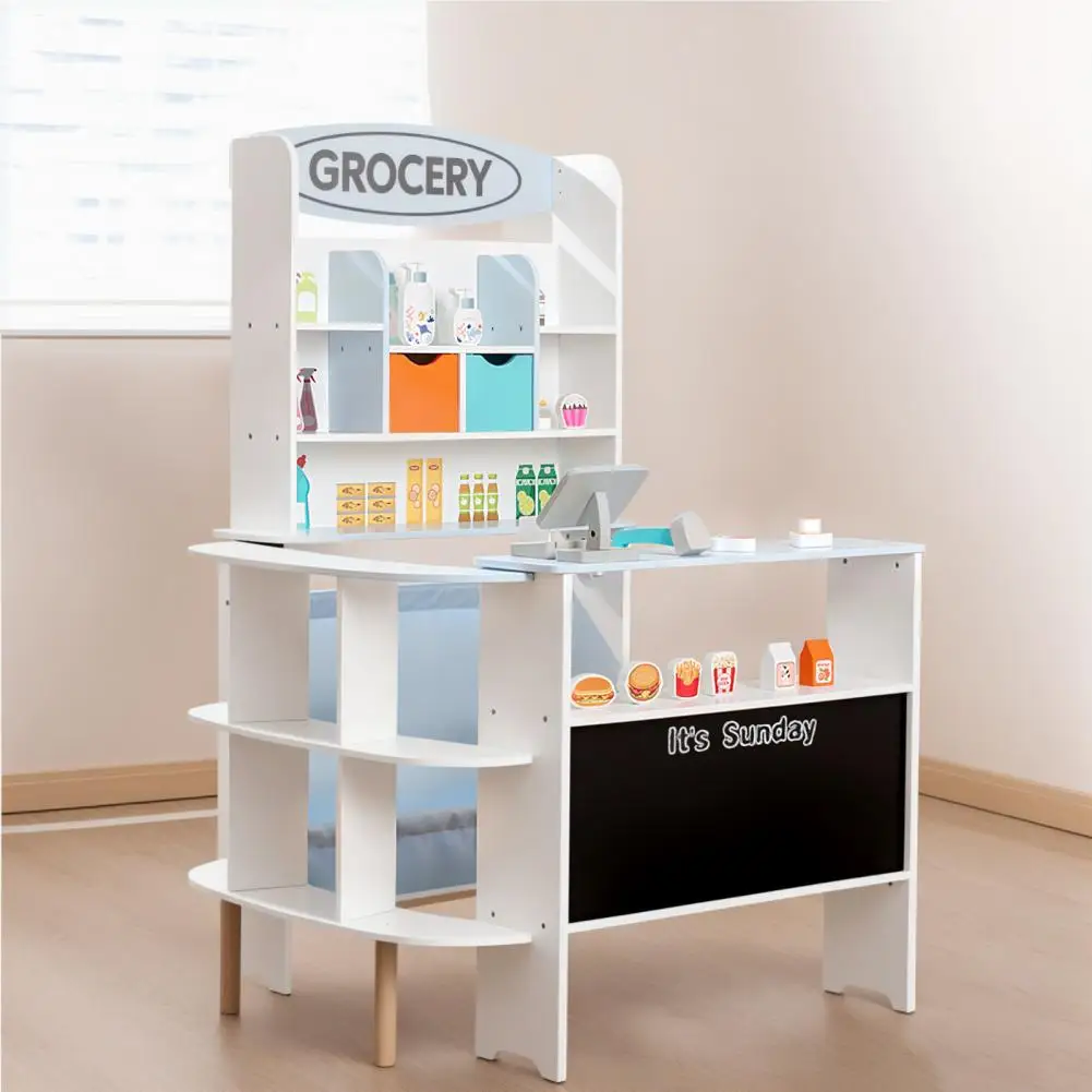 Tienda de comestibles de juguete, juego de tienda de comestibles para niños pequeños, supermercado de juego de simulación de madera con mostrador de caja, modelo de aperitivos