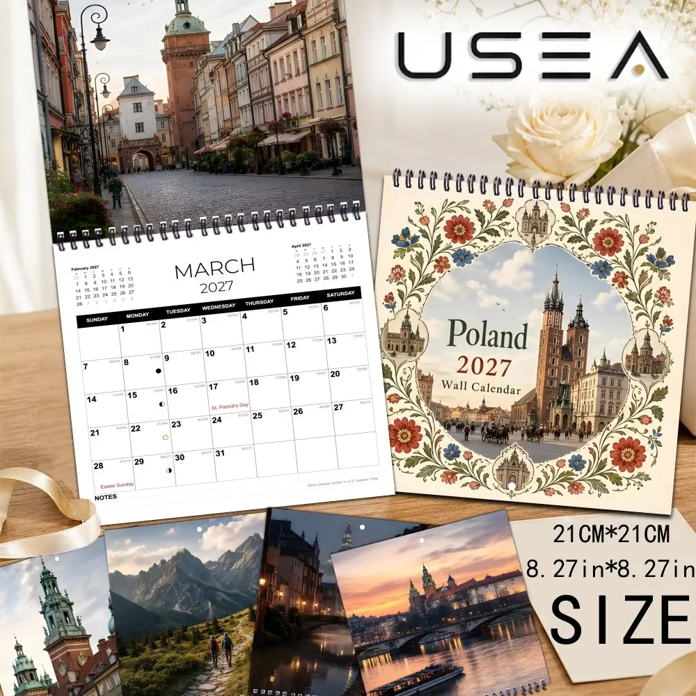 2027 Square Spiral Wall Calendar,US Federal Holidays & Moon Phases,Polish Folk Floral Boho Farmhouse Design,Ideal Christmas Gift