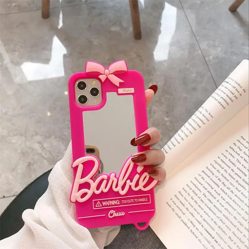 Barbie Phone Case for Iphone 15 13 12 14 Pro Max Plus Protective Case Anti-Fall Soft Shell Shockproof Cover Touch-Up Mirror Gift