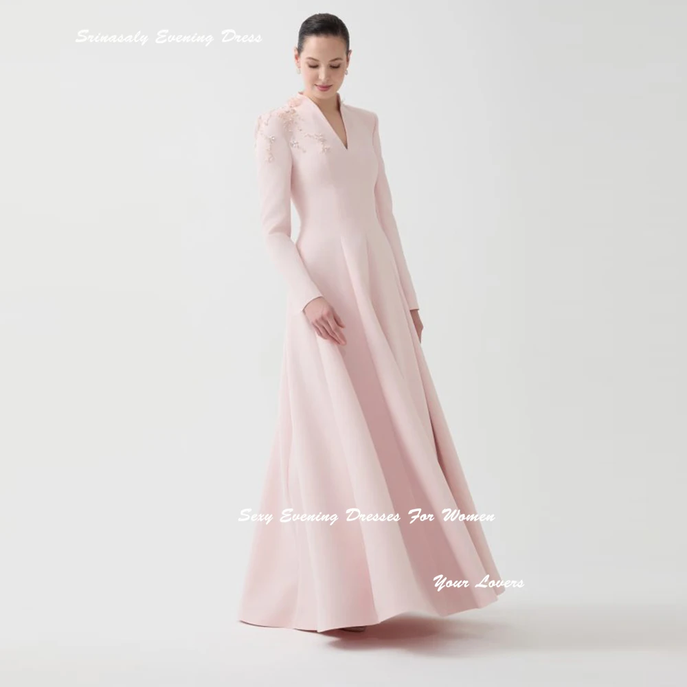 Customized Pink Crepe Evening Dresses For Sexy Women V-Neck Cocktail Party Gowns A-line Floor-length Pleated Prom Dress 2025