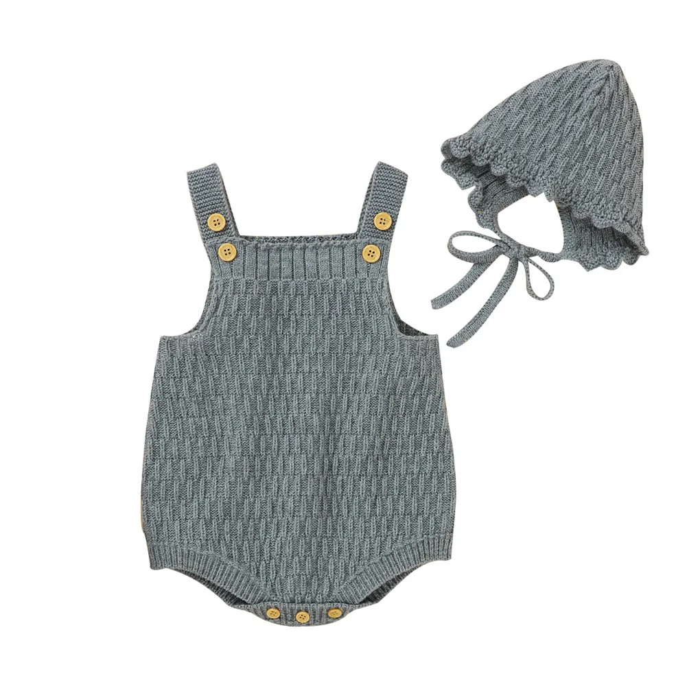 

Baby 2PCS Spring Autumn Jumpsuit Outfits Infant Boys Girls Clothes Sleeveless Solid Color Knitted Romper + Cute Hat Set