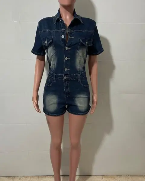 

2026 Elegant Sexy New Fashion Casual One Pieces High Stretch Short Sleeved Slim Fit Denim Jumpsuit