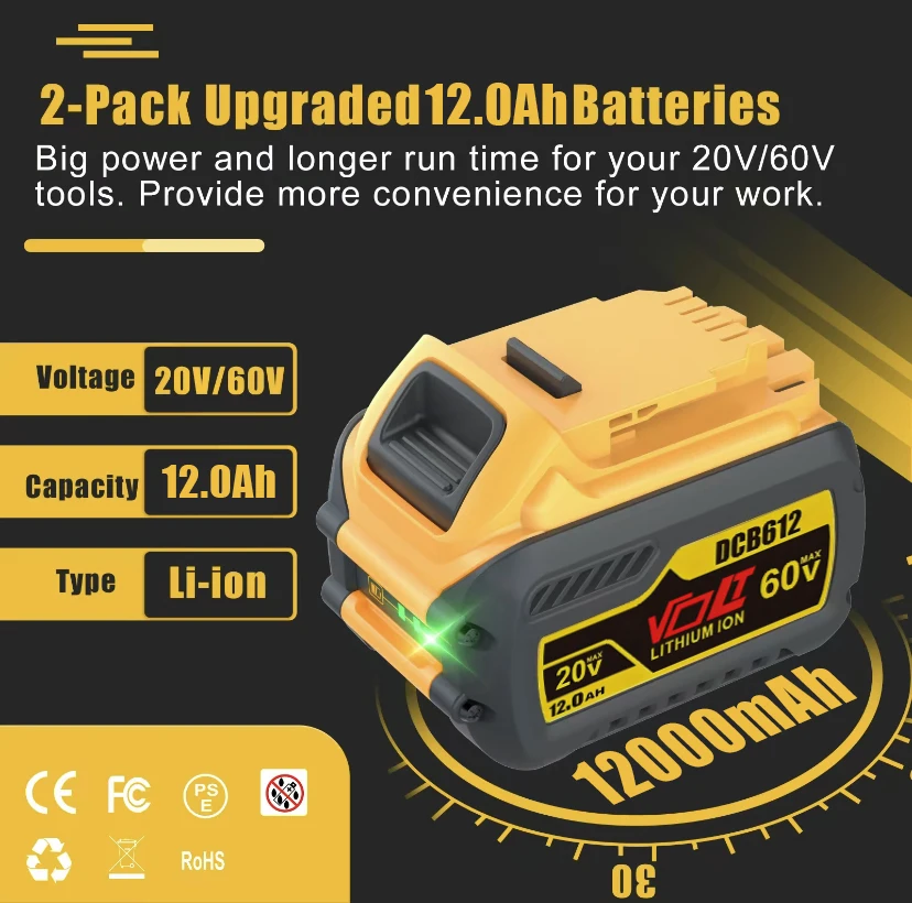 

Suitable for DeWALT battery 20V/60V 12Ah maximum flexible voltage, suitable for DCB606 DCB205 DCB206 DCB209 DCB182 electric tool