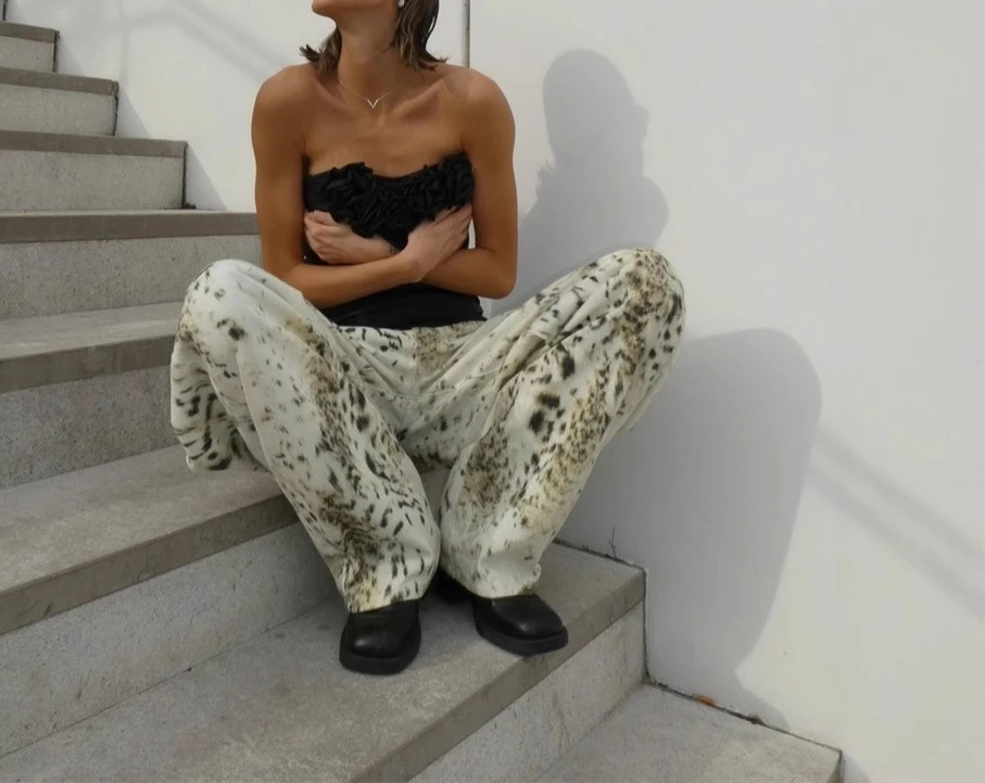 American-style retro water-rubbed leopard print jeans - women's street wide-leg floor-length pants, loose and casual pants