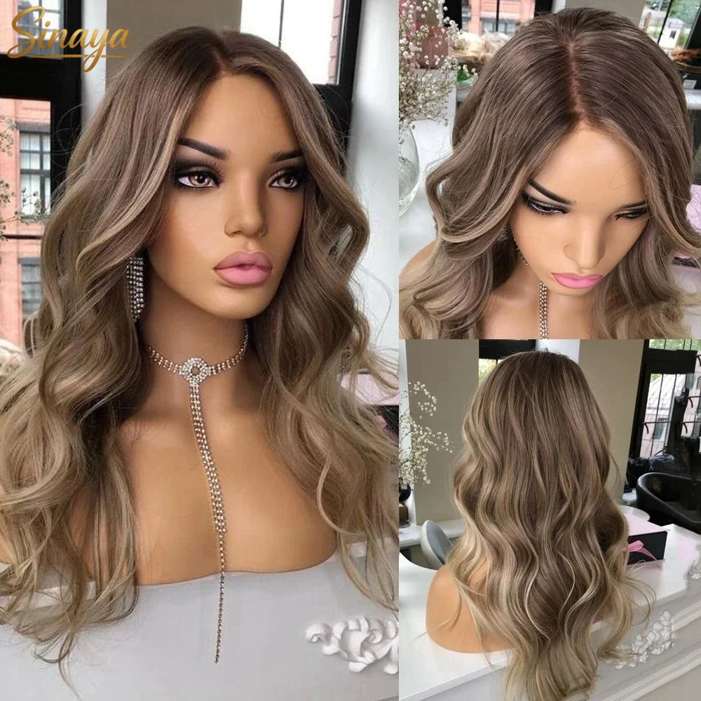 

Natural Hairline Blonde Brown Highlight Body Wave Lace Front Wig Synthetic And Blend Lace Wig Glueless High Quality Easy To Wear