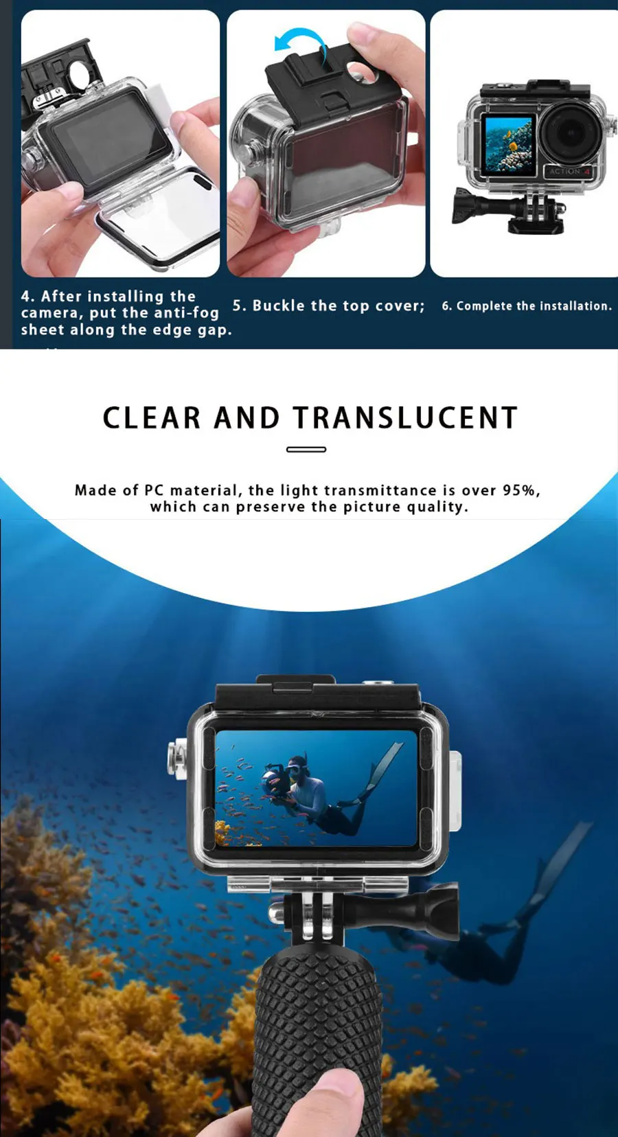 MYOBO Wasserdichtes Gehäuse für DJI Action 5 Pro, Tauchgehäuse für unterwasserische Aufnahmen bis 60 m/196 Fuß, Schutzhülle für DJI Action 5 Pro 4 3 Zubehör – Detail 8