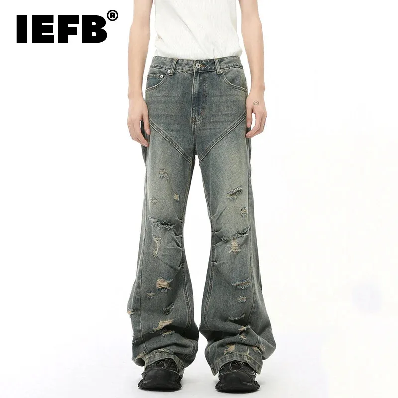 IEFB Niche Design Men's Denim Pants Straight Worn-out Hole Pleated Bottom Wide Leg Solid Color Casual Male Jeans Vintage 9C8082