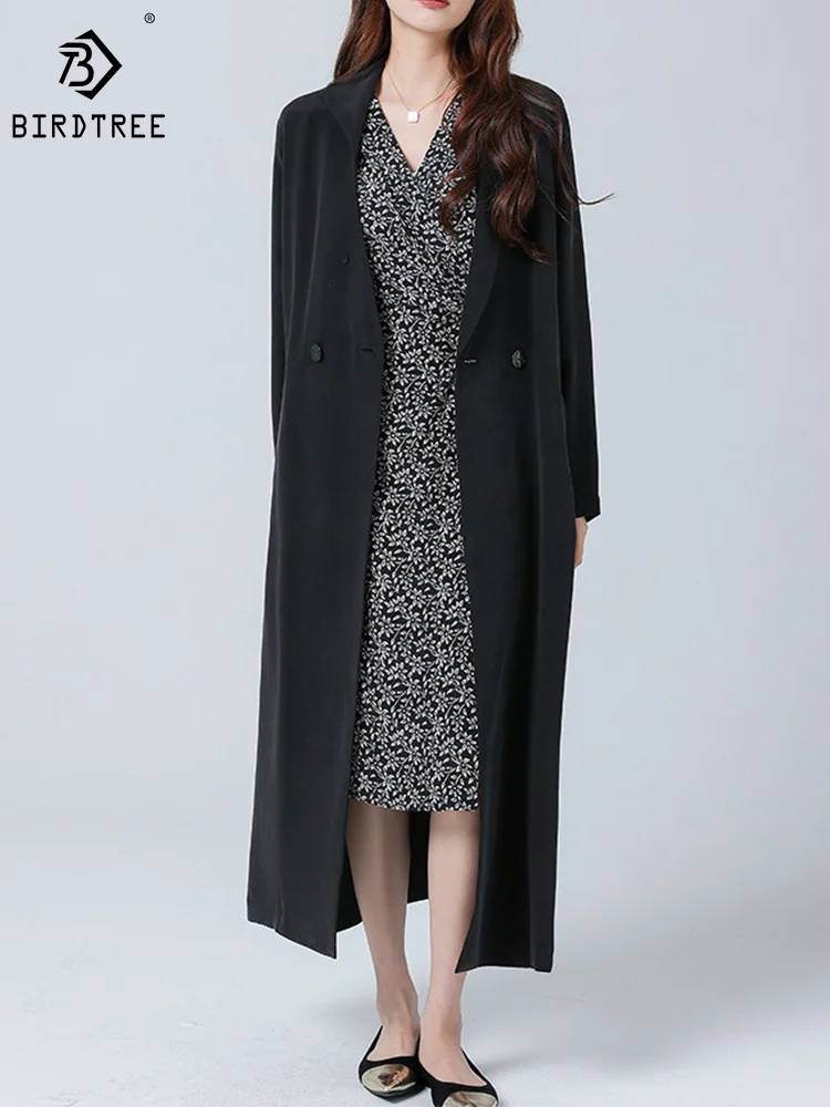 

BirdTree, 30MM 100%Real Silk, Women Long Windbreaker, Elegant Fashion, Long Sleeve Black Coat, 2024 Spring Summer New, C42015QM