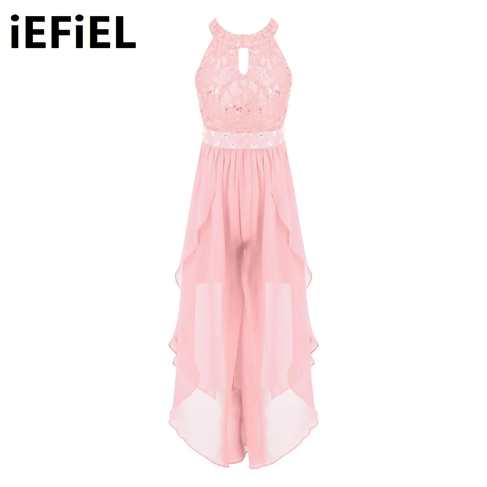 

Kids Girls Chiffon Shorts Jumpsuit Glittering Beaded Party Jumpsuit Round Neck Sleeveless Lace Bodice Integrated Jumpsuit