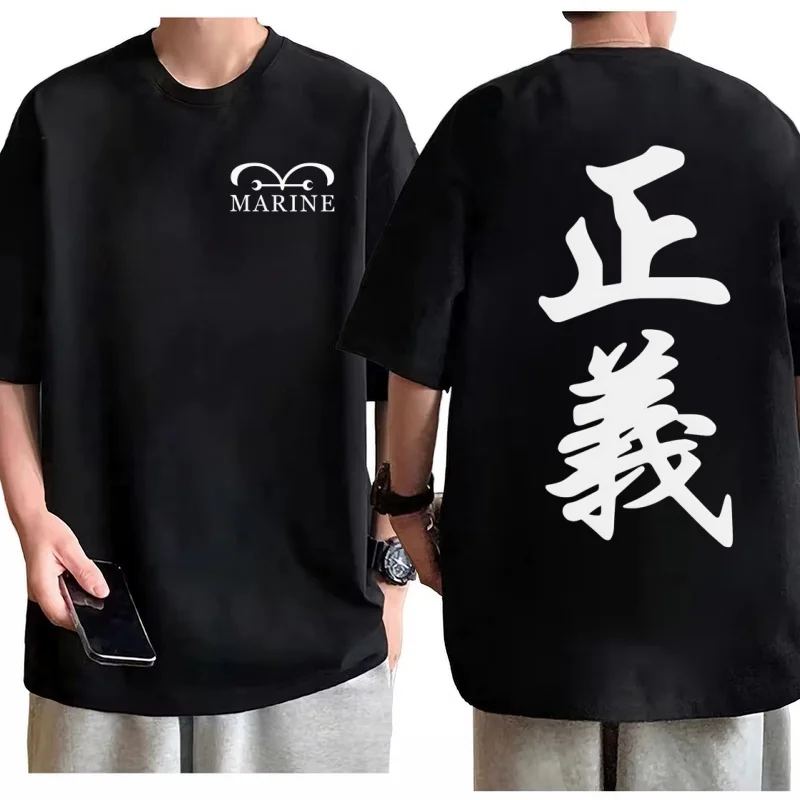 One Piece Marine Justice T-shirt Men Oversized Cotton Anime Graphic Tee Casual Streetwear Logo Breathable Loose Fit Top