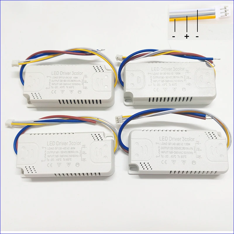 Driver LED 12-24W/20-40W/30-50/40-60W SMD PCB light alimentatore a soffitto 3 colori trasformatori di illuminazione a 3pin da AC165-265V.