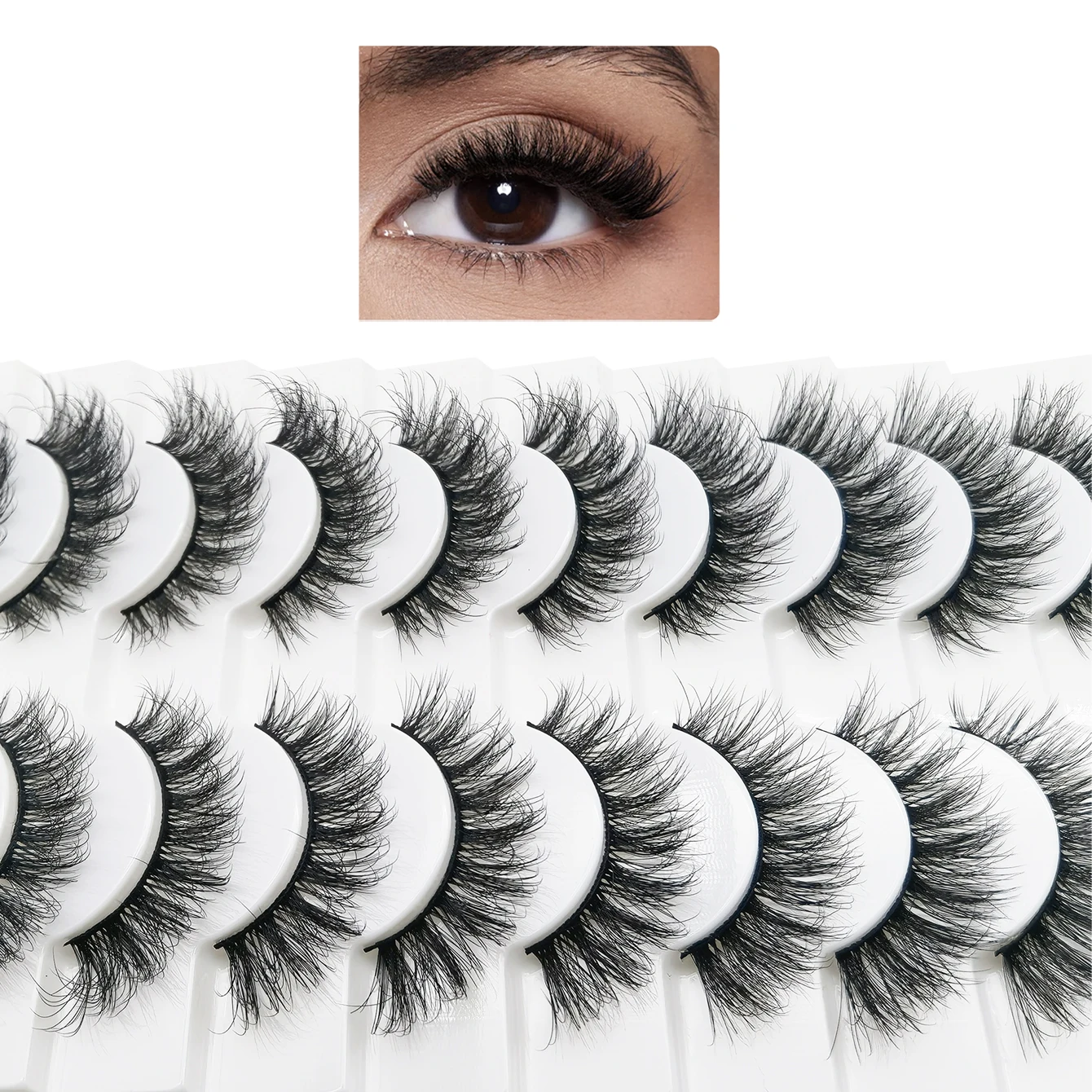 自然な長くて太いまつげ - 10ペア、まつげ全体がふわふわで目を引く、まばゆい効果のある長いまつげ