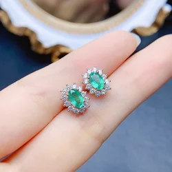 FS S925 Sterling Silver Inlay 4*6mm Natural Emerald Earrings for Women Fine Fashion Charm Weddings Jewelry Certificate MeiBaPJ