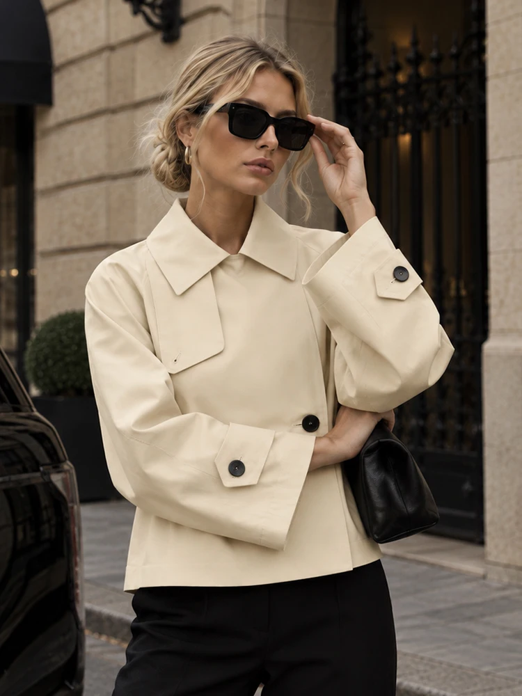HH Women Spring Fall Cropped Trench Jacket Wide Pointed Lapel Asymmetric Single Button Flap Cuff Strap Outerwear For Office