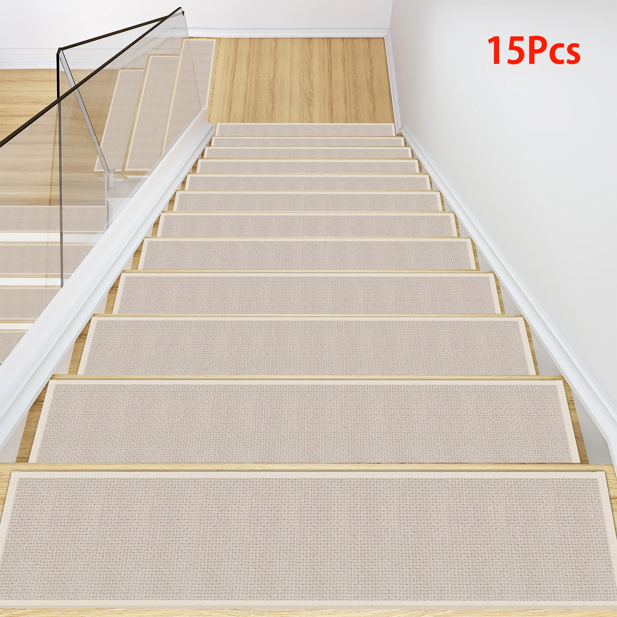 

15Pcs Non Slip Jute Carpet Stair Treads Mat for Wooden Step Indoor, Rubber Backed Beige Stair Rug for Pet Dog, Elders and Kids