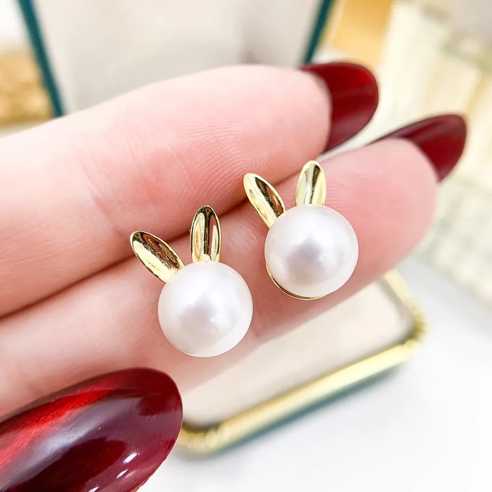 

DIY Pearl Accessories S925 Pure Silver Ear Nail Empty Support Rabbit Gold Silver Earrings Fit 7-9mm Round Flat E222