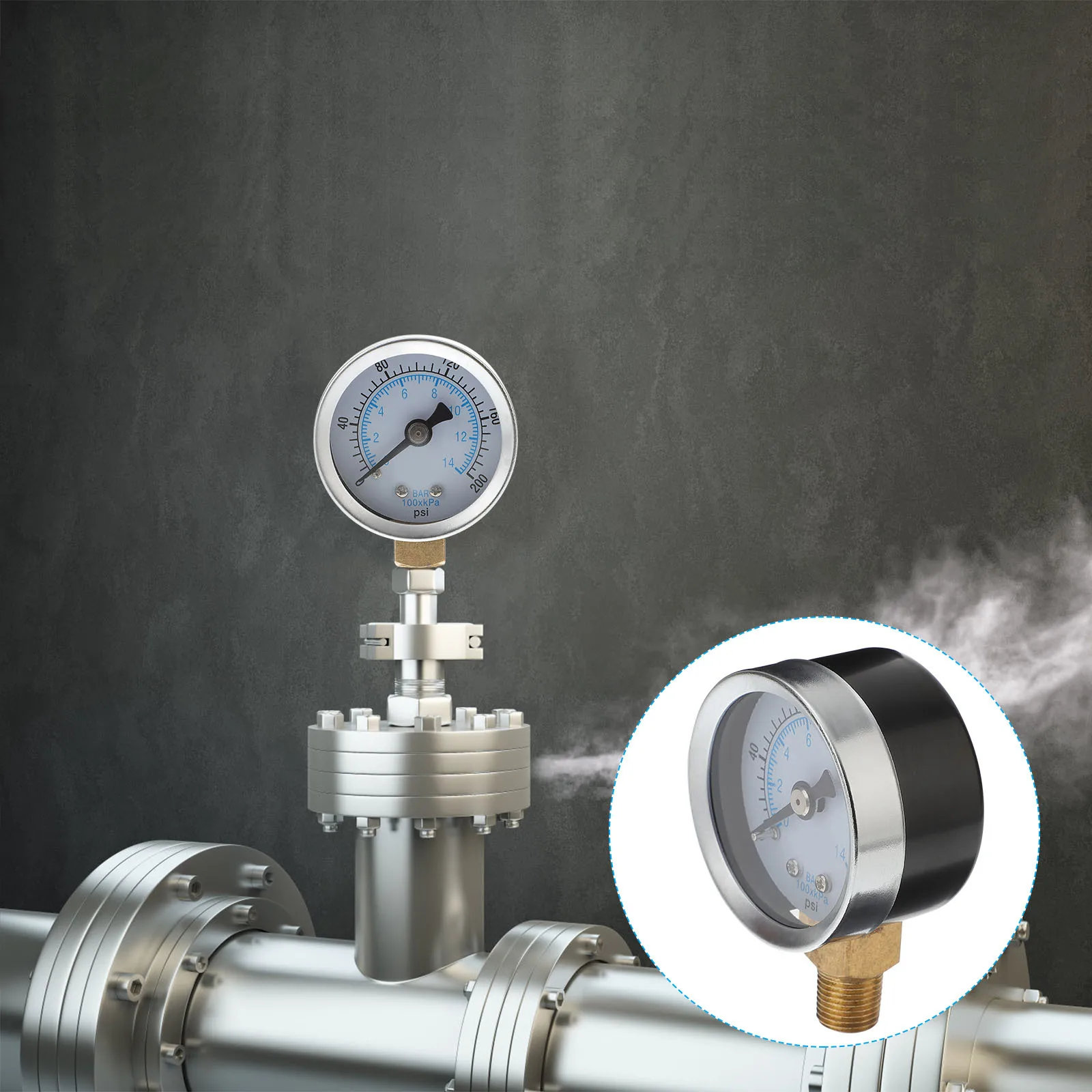 เกจวัดแรงดัน 40 มม. หน้าปัดแบบสองสเกล 0-200 ปอนด์ต่อตารางนิ้ว 0-14 บาร์ สำหรับเครื่องอัดอากาศ วัดแรงดันแบบ NPT