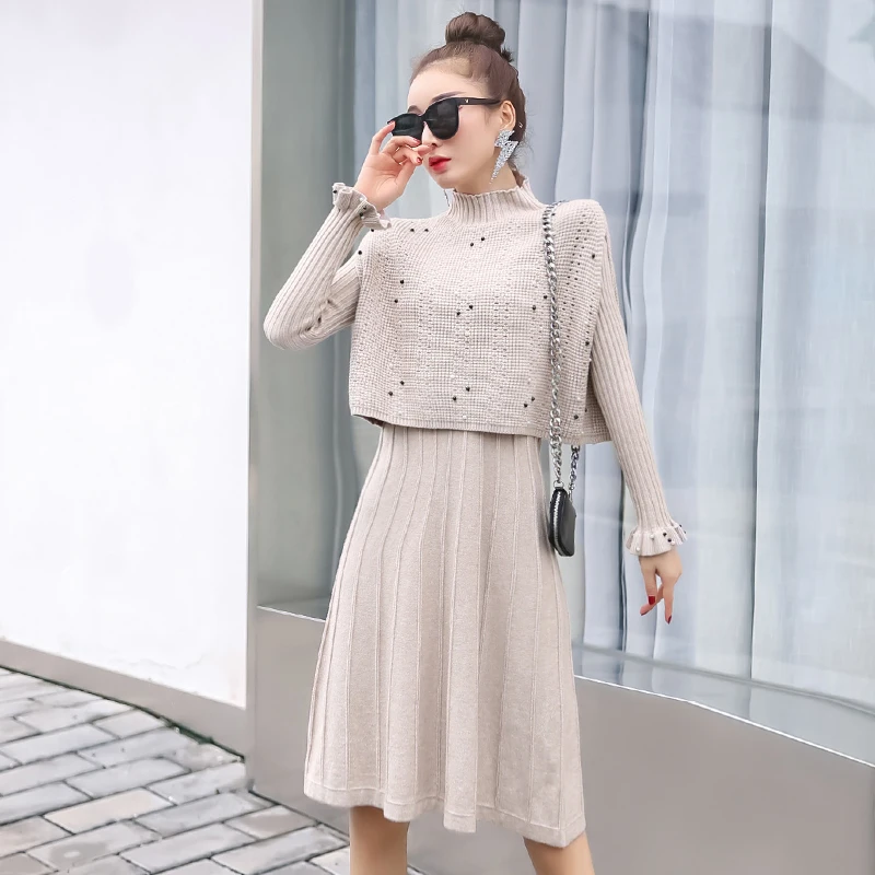 EHQAXIN New Women\'s Knitted Dress Set Fashion 2023 Temperament Beaded Sweater Vest+Elegant Pleated Knit Dresses Sets One Size