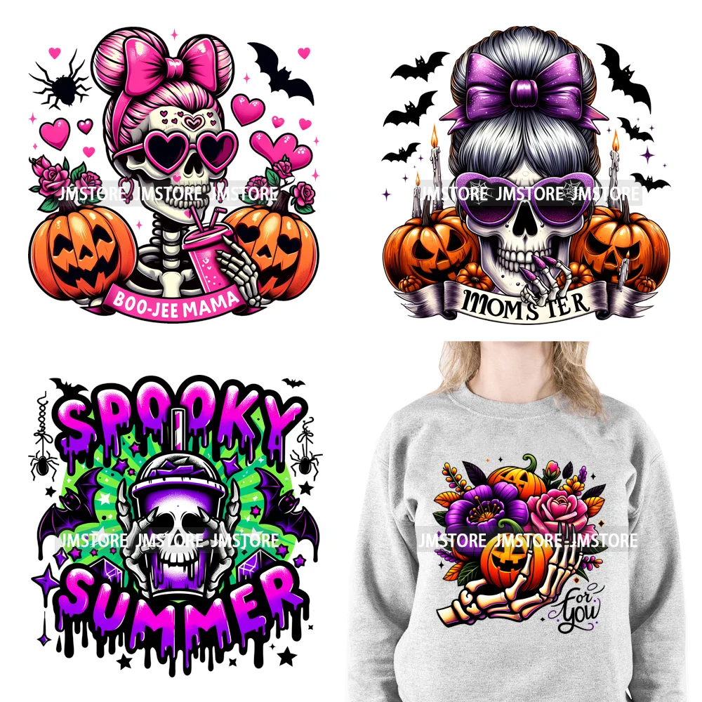

Colorful Coffee Skull Stay Spooky Pumpkin Witch Ghouls Halloween Season Designs DTF Iron On Transfers Stickers For Clothing Bags