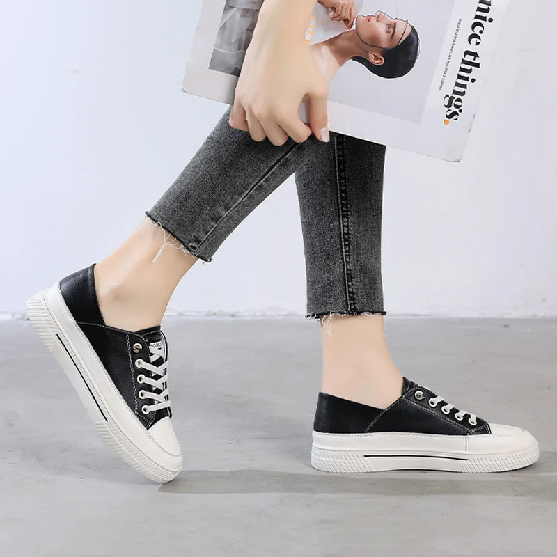 CXJYWMJL Genuine Leather Skate Shoes for Women Spring Summer 2 Ways To Wear Casual Vulcanized Shoes Ladies Small White Sneakers