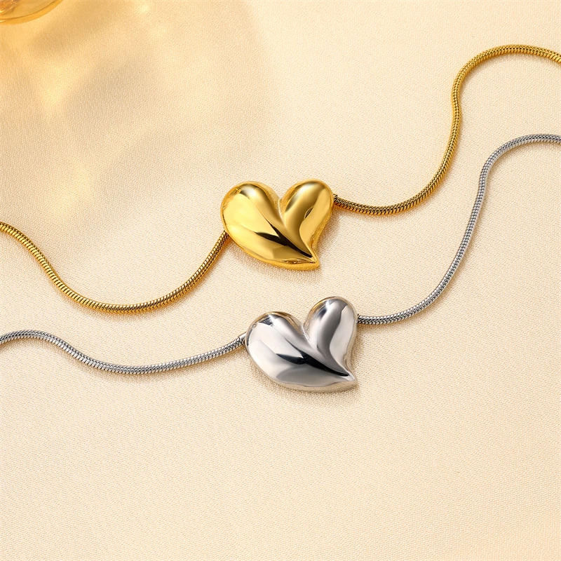 Minimalist Puffy Heart Necklace Gold Silver Color Stainless Steel Circle Snake Chain Love Pendant Choker Valentine For Wome Gift