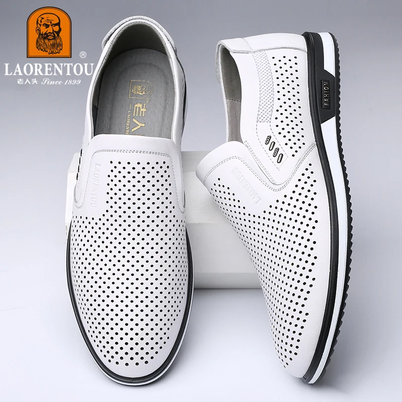 LAORENTOU summer 2024 New White Leather Shoes Hollow Breathable Genuine Leather Casual Men\'s Shoes Small White Shoes 95268