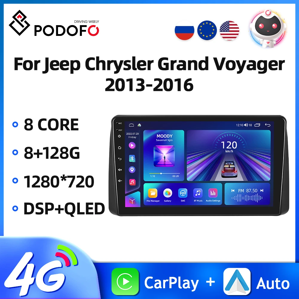 

Автомагнитола Podofo, 2DIN, Android, для Jeep Chrysler Grand Voyager 2013-2016, мультимедийный видеоплеер Carplay 8 + 128 ГБ, 8-ядерная Автомагнитола