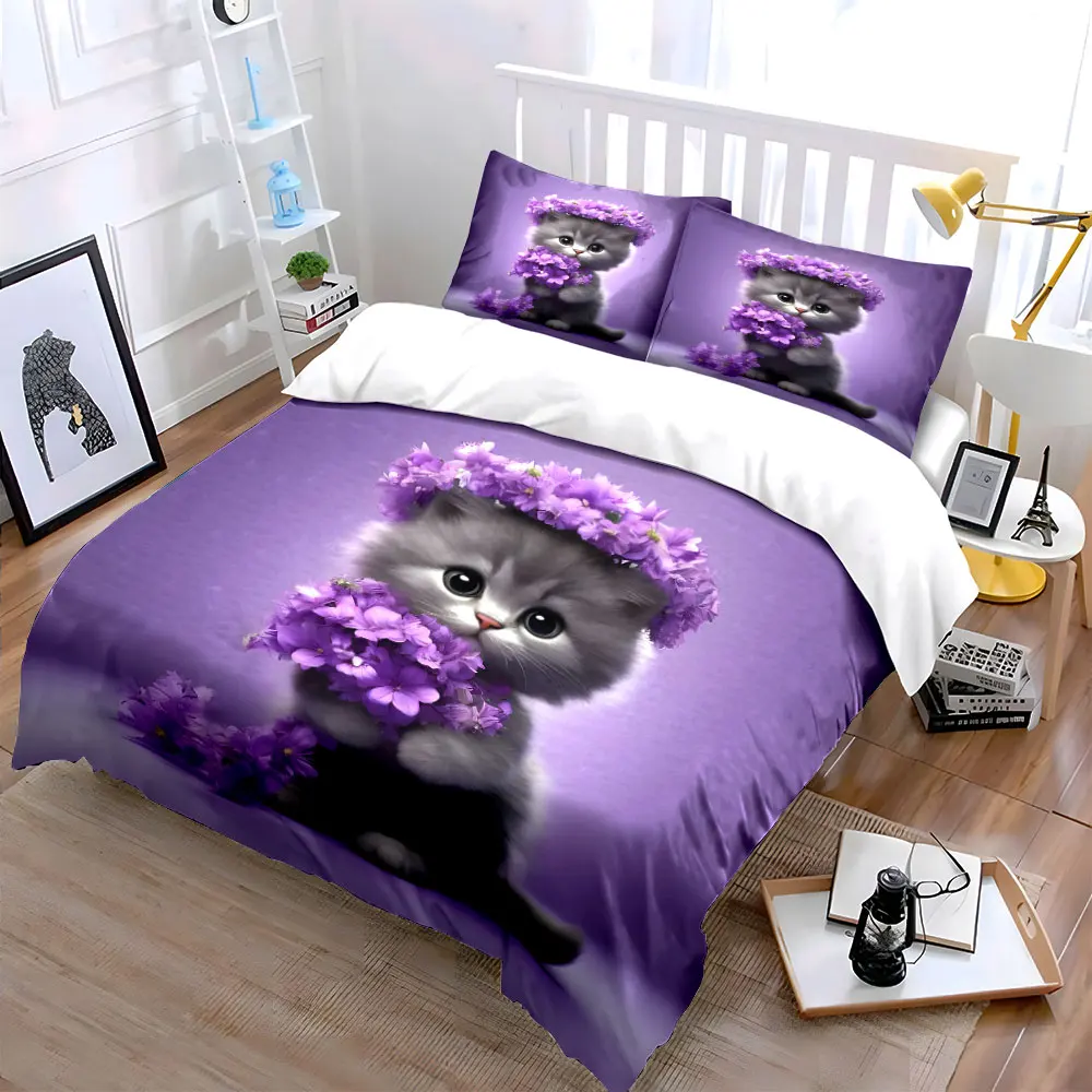 Cat adorned with purple flowers Print Bedding Set 1 Duvet Cover 2 Pillowcases for Adult and Children Luxury Gift Full Size