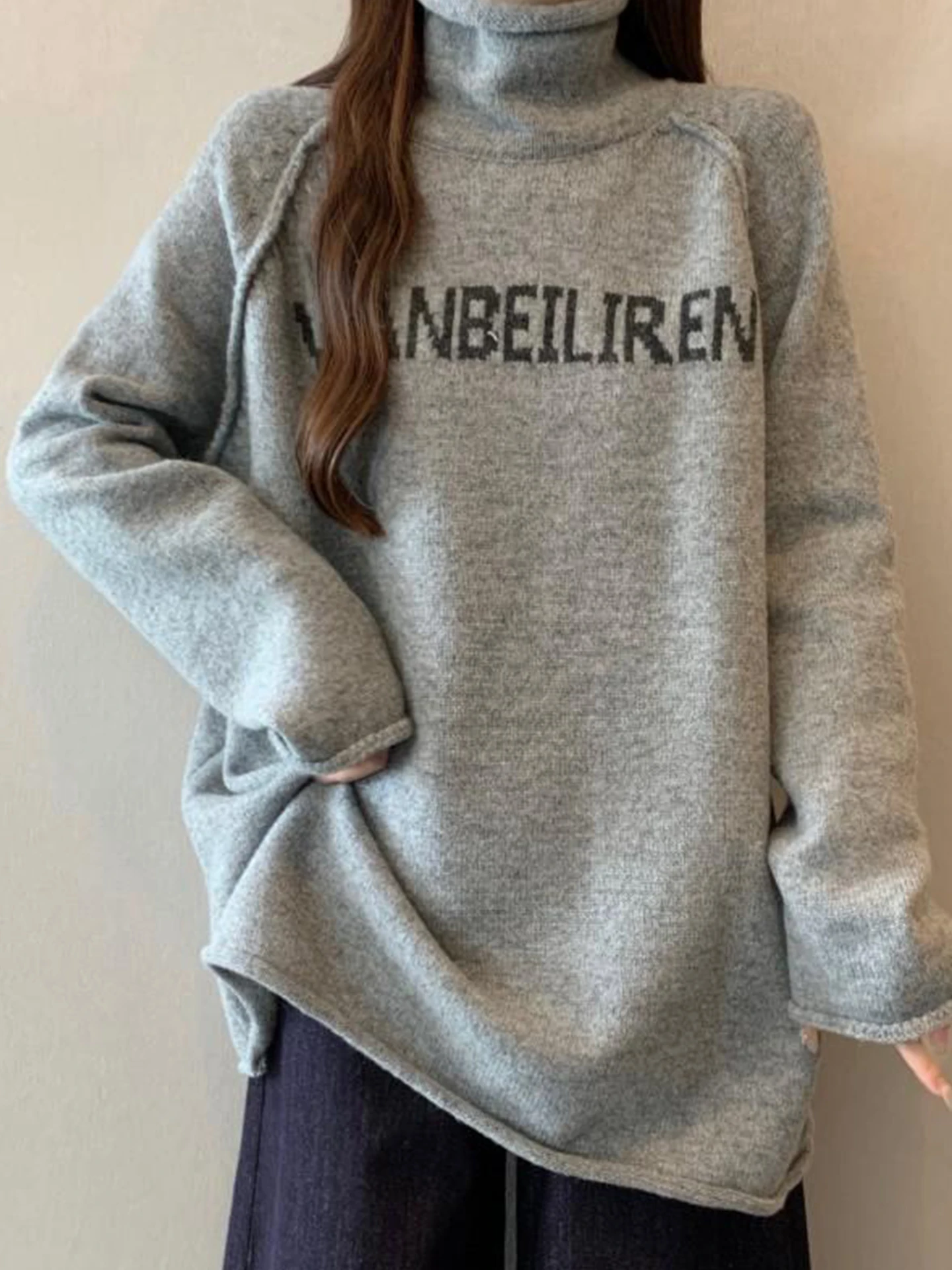 

High Collar Knitted Sweater Women's Lazy Sle oulder Length Long Sve Autumn Winter plus Size Loose Fit Letter Pattern Top
