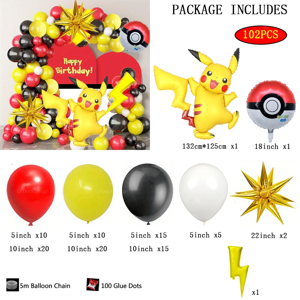 102Pcs Pokemon Pikachu Balloon Garland Arch Kit Red Yellow Black Latex Balloon Birthday Party Decorations Balloon Kids Gifts