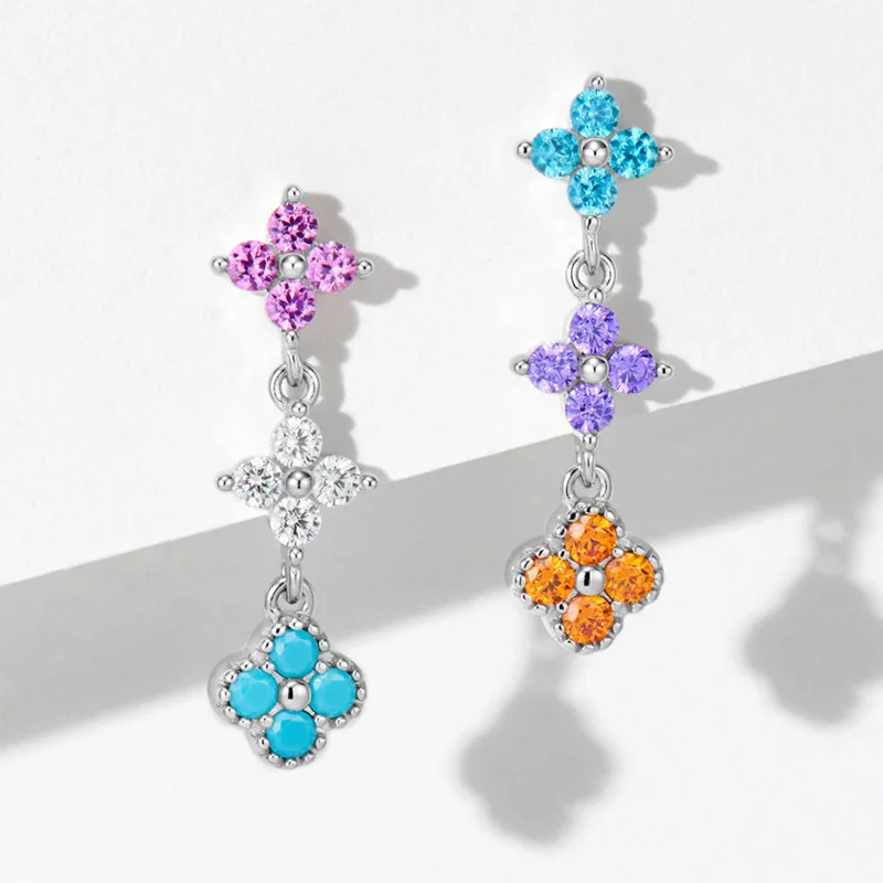 Four-leaf Clover Diamond Earrings Dopamine 925 Silver Earrings Diamond Earrings Long Flower Light Luxury Sweet All-match Women