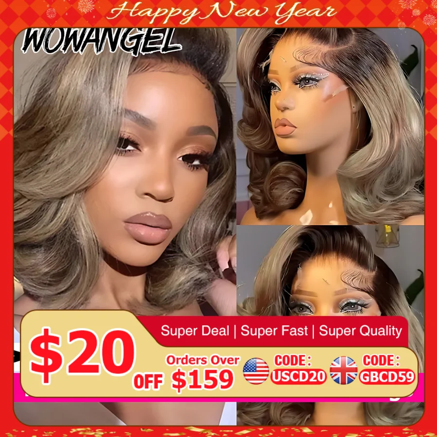 

Wow Angel Ash Blonde 5x5 HD Lace Closure Wigs Human Hair Body Wave Short Bob Wigs Dark Grey Colored Loose Wavy Glueless Wigs