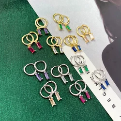 New Fashion Thin Hoop Earrings For Women Colorful Square Zircon Stone Pendants Golden/White Huggie Trendy Small Pierce Ear Hoops