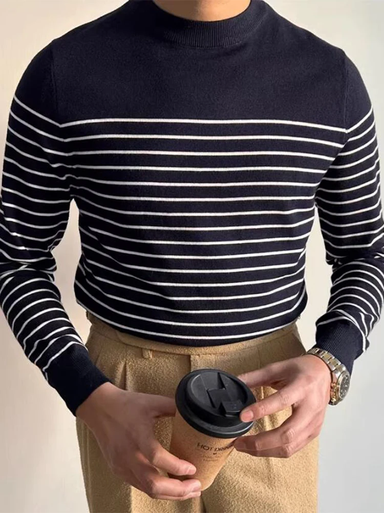 Leisure Long Sleeve Knitted Tops Mens Casual O Neck Striped Knit Sweater Tee Men Spring Fall Vintage Slim Fit Knitting T Shirts