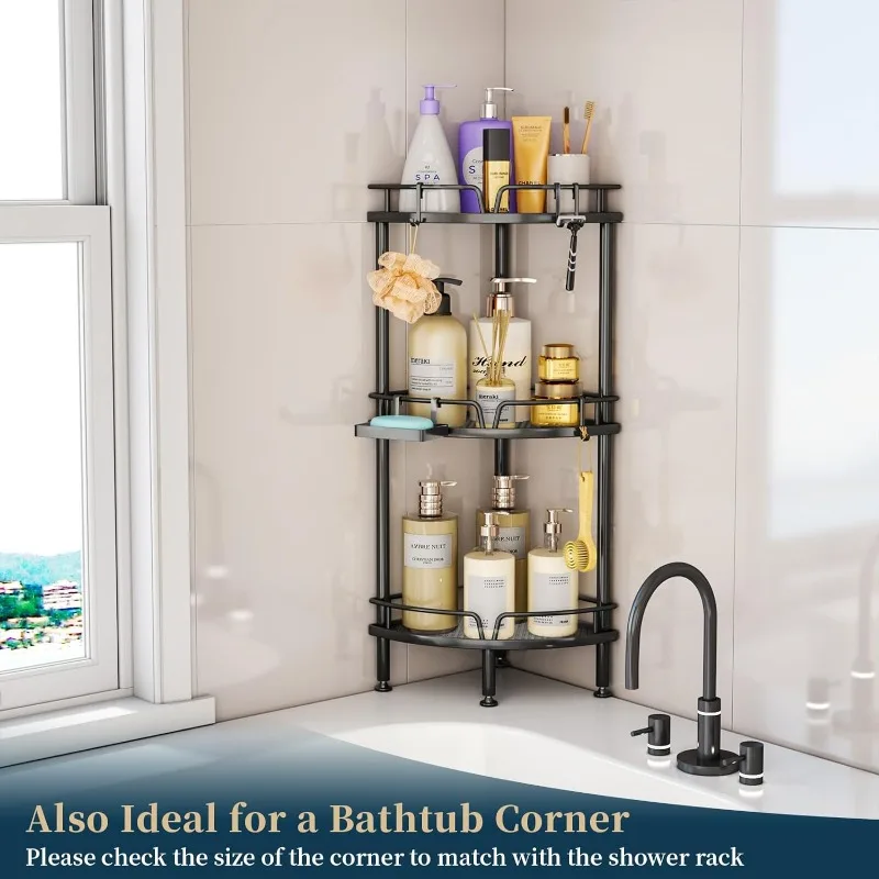 Corner Shower Caddy Stand - 3 Tier Shower Organizer with Soap Holder, Standing Tall Floor Shower Stand with Adjustable Feet