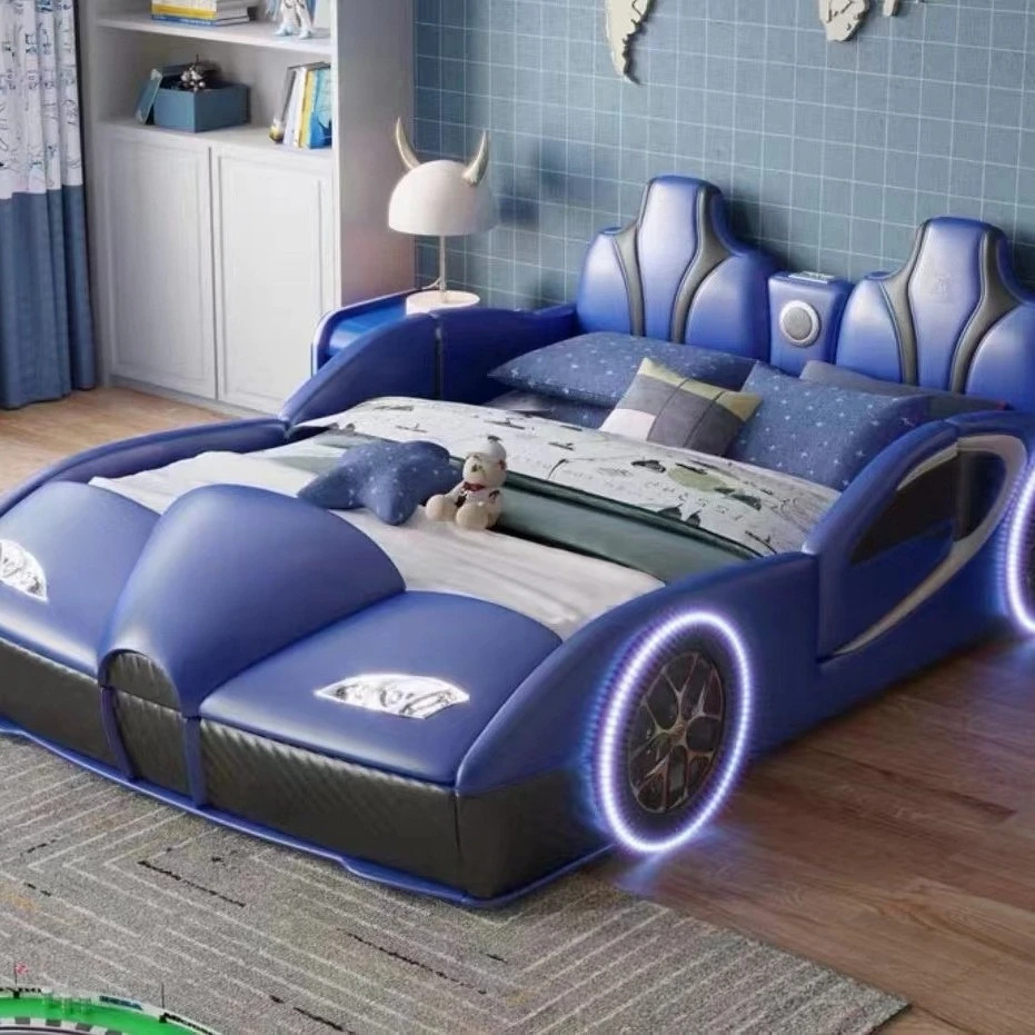 LED cartoon car bed blue creative solid wood boy racing double bed