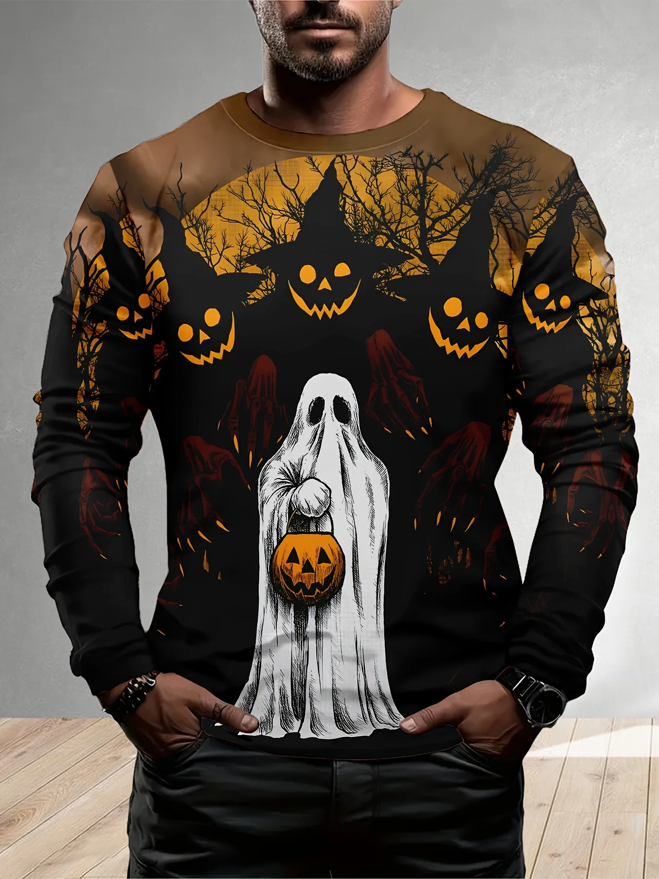

​2025 Unisex Youth Pumpkin Head Bat Print Long Sleeve Tee All-Season Outdoor Sport Machine Washable​