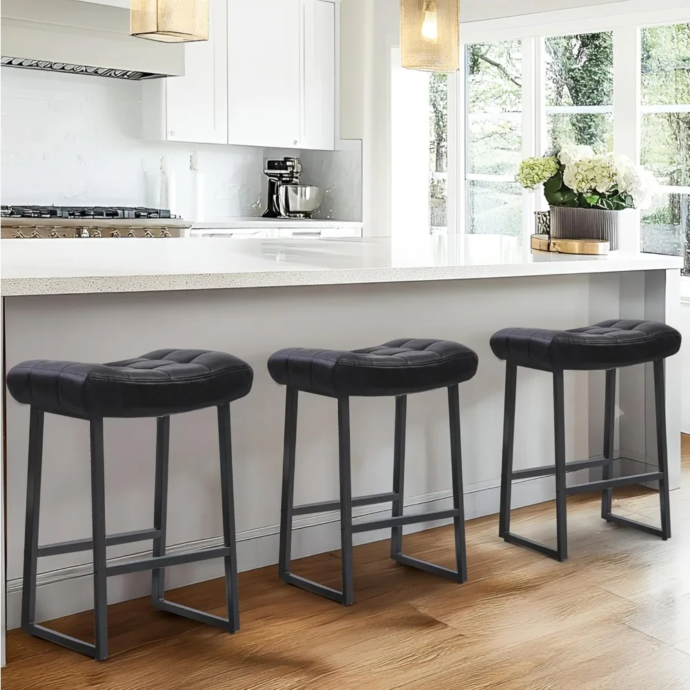 

Black Modern Bar Stools Set of 3 for Kitchen Counter 24 inch Counter Height Backless Barstools with Upholstered Faux Leather Sad