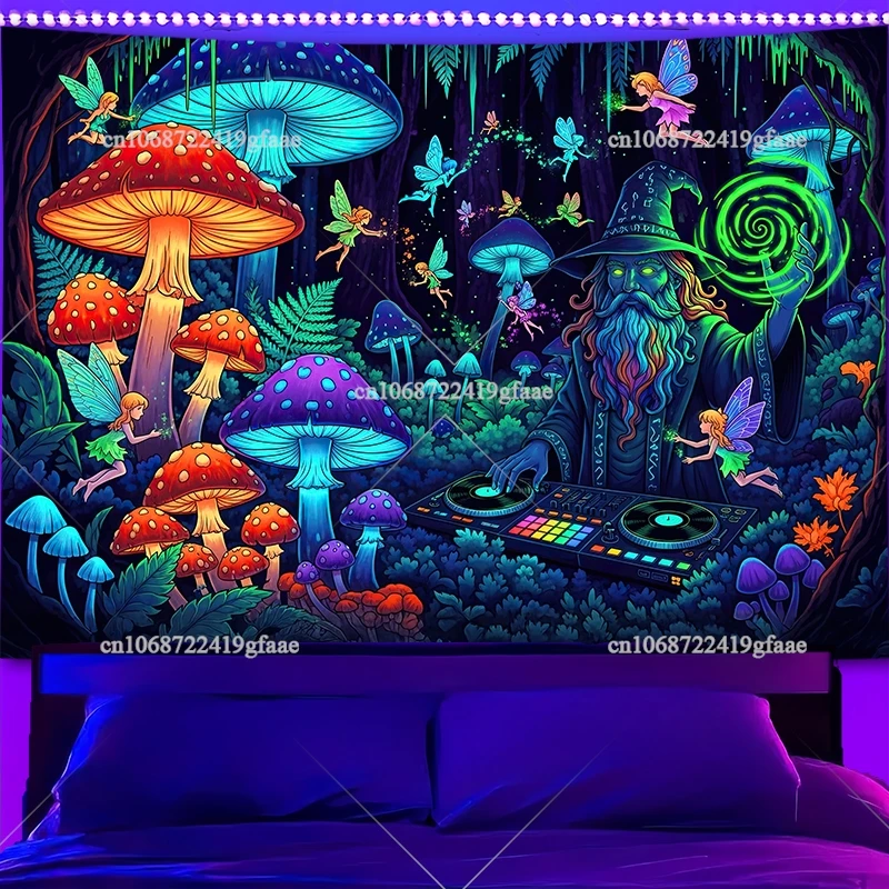 fantasy Forest Mushroom Landscape Blacklight Tapestry UV Reactive Witch Black Light Tapestrys Aesthetic Room Decor Neon Backdrop