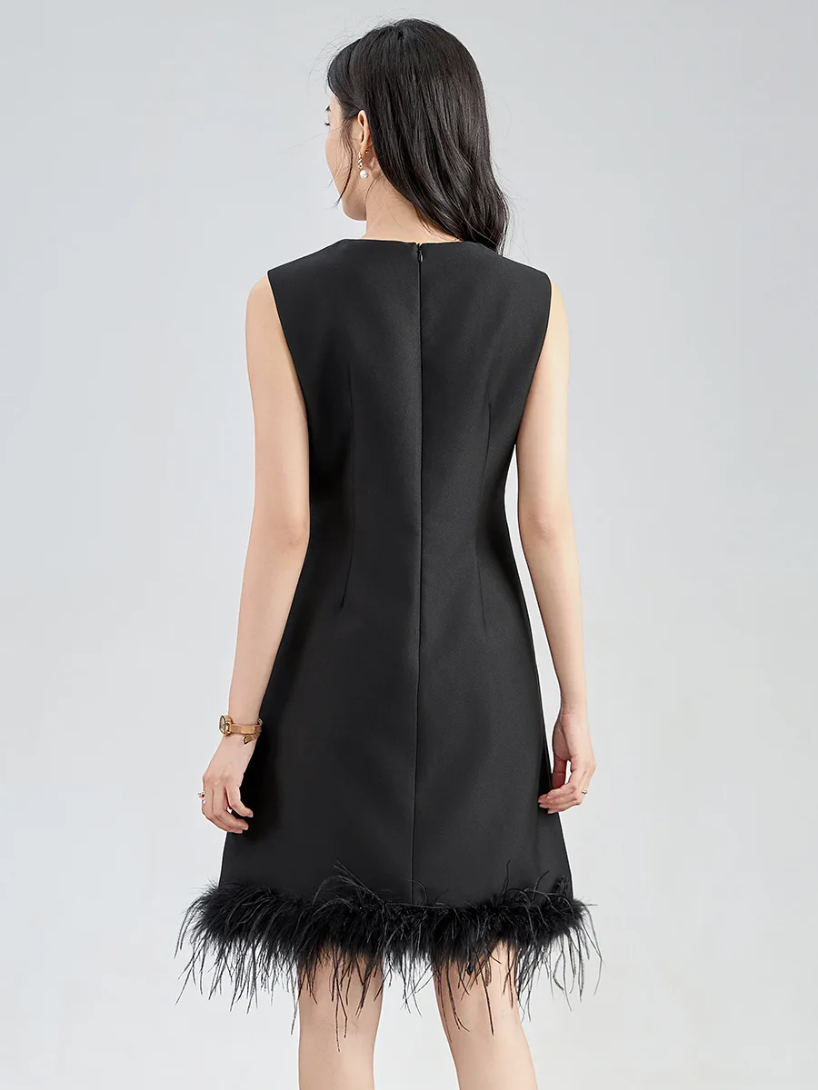 High Quality Hot Drilling Lady O-neck Sleeveless Feathers Hem Solid Mini One-piece Dress For Women